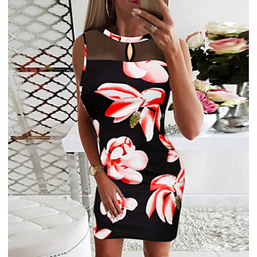 

Women's Sheath Dress Knee Length Dress - Sleeveless Floral Summer Street chic 2020 Blue Red Blushing Pink S M L XL XXL