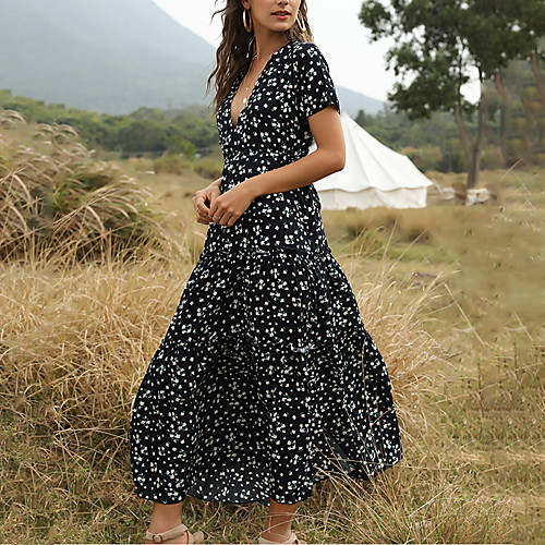 

Women's Maxi Green Blue Summer Dress Vacation Swing Floral Deep V Print S M