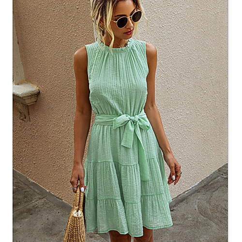 

Women's A Line Dress - Sleeveless Solid Color Summer Street chic 2020 White Light Green Navy Blue S M L XL XXL