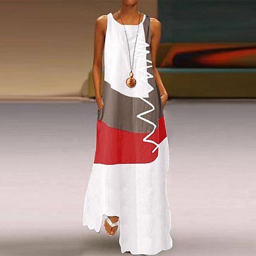 

Women's Maxi Shift Dress - Sleeveless Print Color Block Patchwork Summer Casual Daily Going out 2020 White Blue Red Khaki S M L XL XXL XXXL XXXXL XXXXXL