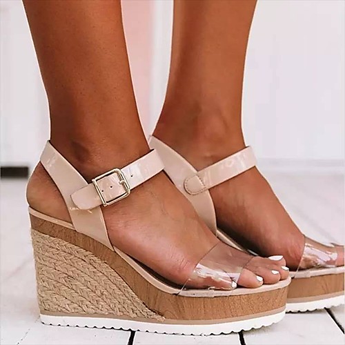 

Women's Sandals 2020 Summer Wedge Heel Open Toe Classic Basic Daily Outdoor Color Block PU Walking Shoes Black / White / Pink / Brown