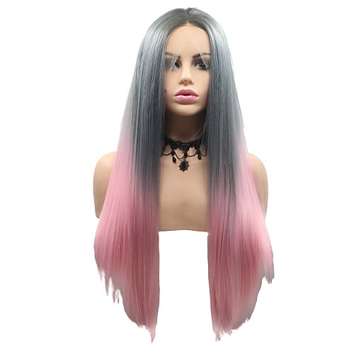 

Synthetic Lace Front Wig Straight Matte Layered Haircut Wig Pink Medium Length Pink / Grey Synthetic Hair 26 inch Women's Party Women Pink Gray