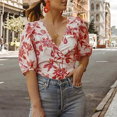 

Women's Geometric Print Shirt Daily V Neck Blue / Red / Green / Gray