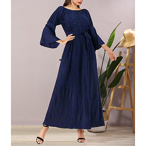 

Women's Maxi A Line Dress - 3/4 Length Sleeve Solid Color Ruched Summer Fall Off Shoulder Elegant Boho Daily Going out Flare Cuff Sleeve 2020 Blue Orange One-Size