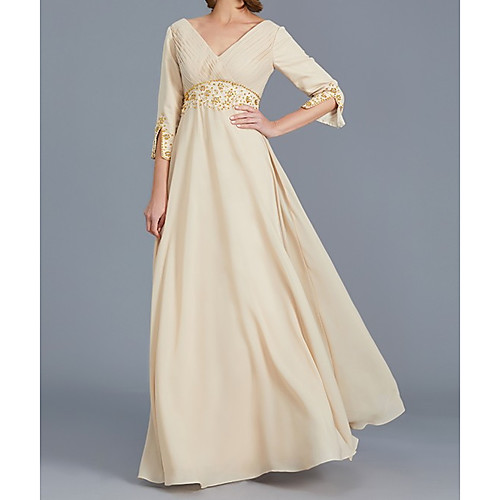 

A-Line V Neck Floor Length Chiffon / Lace 3/4 Length Sleeve Elegant Mother of the Bride Dress with Beading / Ruching Mother's Day 2020