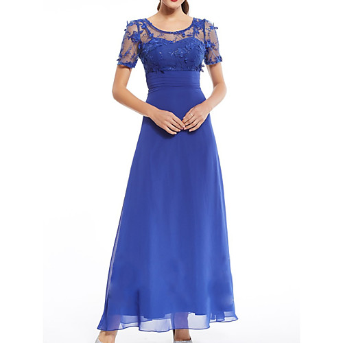 

A-Line Illusion Neck / Jewel Neck Floor Length Chiffon / Lace Short Sleeve Elegant Mother of the Bride Dress with Appliques / Ruching Mother's Day 2020