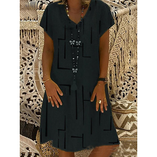 

Women's Shift Dress Knee Length Dress - Short Sleeves Geometric Summer Casual 2020 Black Blue Yellow Army Green Fuchsia Orange Khaki S M L XL XXL