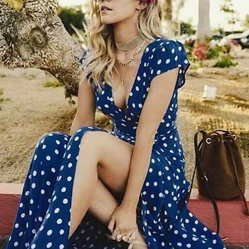

Women's Maxi A Line Dress - Short Sleeves Polka Dot V Neck White Black Red Navy Blue S M L XL