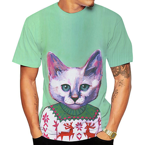 

Men's Daily Going out Basic T-shirt - 3D / Animal Cat Light Green