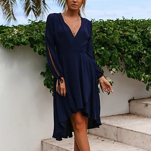 

Women's 2020 Red Navy Blue Dress Elegant Street chic Summer Party A Line Solid Color Lantern Sleeve S M