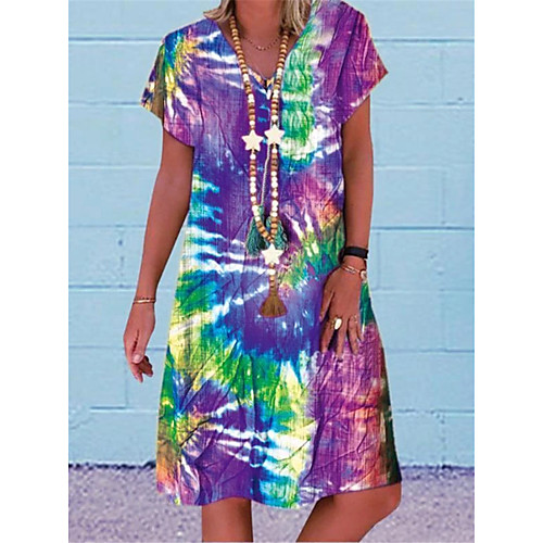 

Women's Blue A Line Dress - Short Sleeves Print Color Block Patchwork Summer Casual Daily 2020 Blue Purple Red S M L