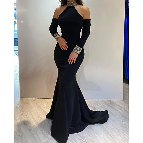 

Mermaid / Trumpet High Neck Sweep / Brush Train Satin Elegant / Black Engagement / Formal Evening Dress with Sequin 2020