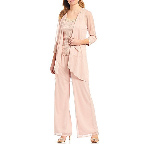 

Two Piece / Pantsuit / Jumpsuit Jewel Neck Floor Length Chiffon / Lace 3/4 Length Sleeve Elegant Mother of the Bride Dress with Lace / Appliques Mother's Day 2020