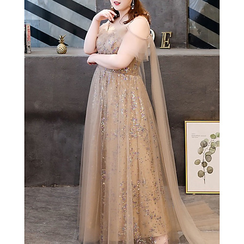 

A-Line V Neck Floor Length Tulle Sparkle / Plus Size Engagement / Formal Evening Dress with Bow(s) / Sequin 2020