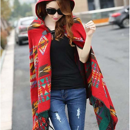 

Women's Color Block Long Sleeve Cloak / Capes Sweater Jumper, Hooded Red One-Size
