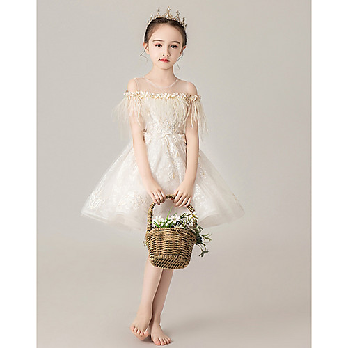 

A-Line Short / Mini Wedding / Party Flower Girl Dresses - Lace / Organza Short Sleeve Jewel Neck with Appliques