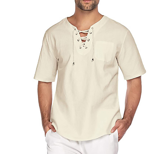 

Men's Solid Colored Lace up Patchwork T-shirt Basic Vintage Daily Weekend Army Green / White / Black / Navy Blue / Beige