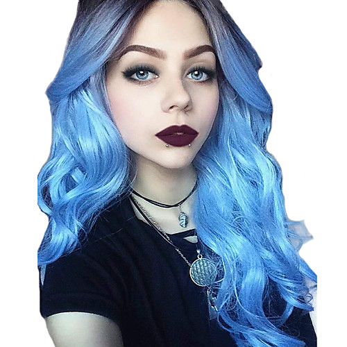 

Synthetic Lace Front Wig Wavy Middle Part Lace Front Wig Long Black / Blue Synthetic Hair 18-26 inch Women's Cosplay Adjustable Party Blue Ombre