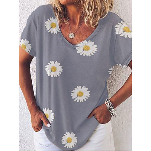 

Women's Floral Solid Colored Daisy Patchwork Print T-shirt Basic Street chic Daily Going out Blue / Yellow / Khaki / Gray