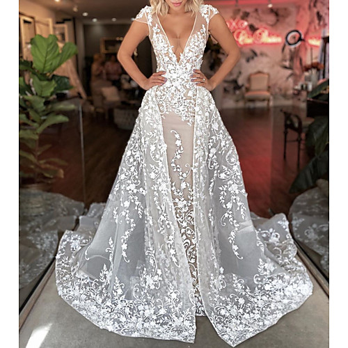 

A-Line Plunging Neck Sweep / Brush Train / Detachable Lace / Tulle Short Sleeve Sexy See-Through Wedding Dresses with Embroidery 2020