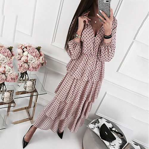 

Women's Chiffon Dress - Long Sleeve Polka Dot Summer Street chic 2020 White Purple Blushing Pink Khaki S M L XL