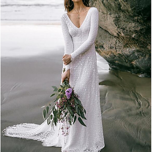 

A-Line V Neck Sweep / Brush Train Lace Long Sleeve Boho / Sexy Backless Wedding Dresses with Embroidery 2020