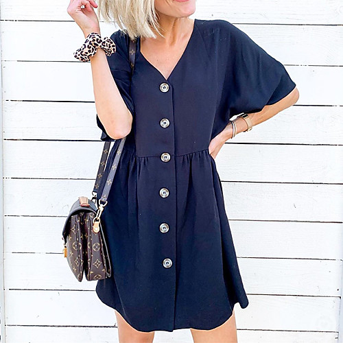 

Women's 2020 Navy Blue Dress Street chic Summer Going out Weekend A Line Solid Color Flare Cuff Sleeve Patchwork S M