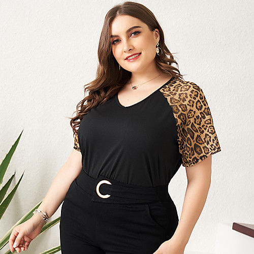

Women's Leopard Mesh Patchwork T-shirt Basic Daily Holiday Black