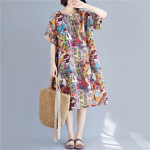 

Women's Linen Gray Spring Summer Dress Vintage Mumu Holiday Weekend A Line Print One-Size