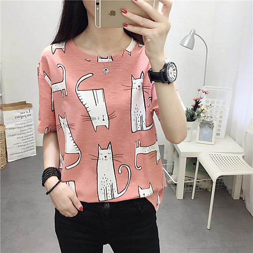 

Women's Daily Weekend Street chic T-shirt - Cartoon Cat, Print Red