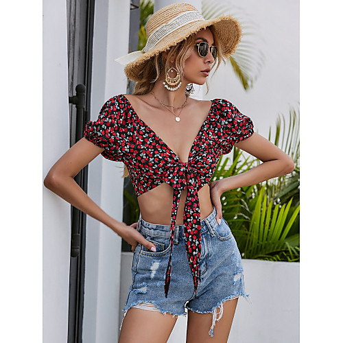 

Women's Floral Lace up Blouse Sexy Holiday Beach Red