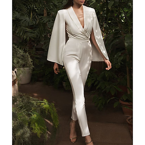 

Jumpsuits V Neck Floor Length Satin Long Sleeve Simple / Sexy Modern Wedding Dresses with Sashes / Ribbons 2020