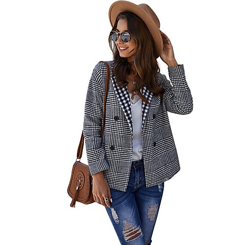 

Women's Daily Regular Coat, Plaid Notch Lapel Long Sleeve Polyester Black