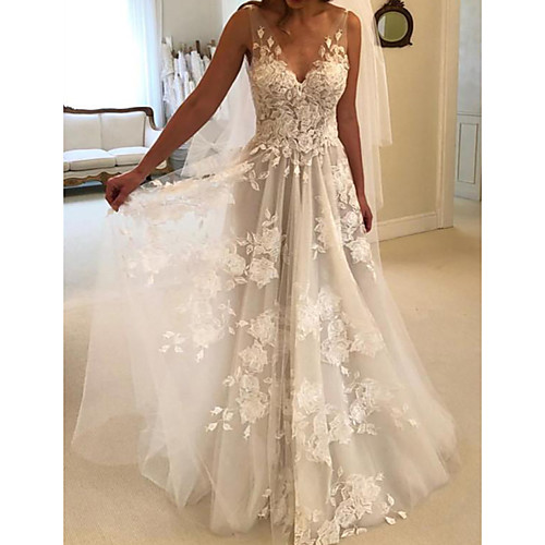 

A-Line V Neck Sweep / Brush Train Lace / Tulle Sleeveless Country / Sexy See-Through Wedding Dresses with Embroidery 2020