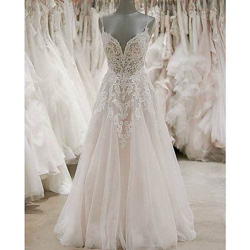 

A-Line V Neck / Spaghetti Strap Sweep / Brush Train Lace Sleeveless Country / Sexy See-Through Wedding Dresses with Embroidery 2020