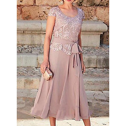

A-Line Jewel Neck Tea Length Chiffon / Lace Short Sleeve Elegant Mother of the Bride Dress with Bow(s) / Appliques Mother's Day 2020