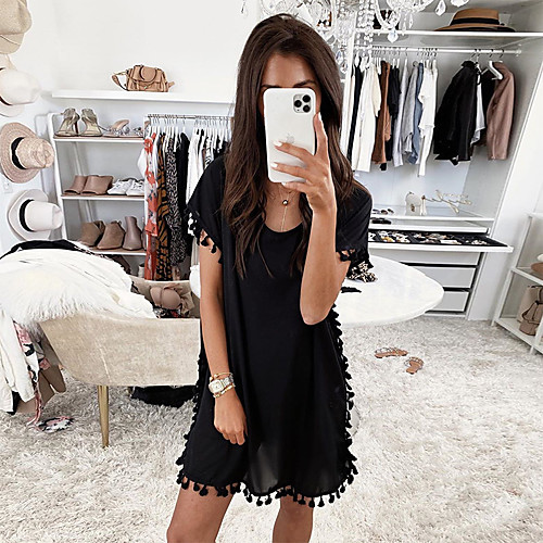 

Women's Shift Dress - Short Sleeves Solid Color Tassel Fringe Patchwork Summer Casual Boho Holiday Going out Batwing Sleeve 2020 White Black S M L