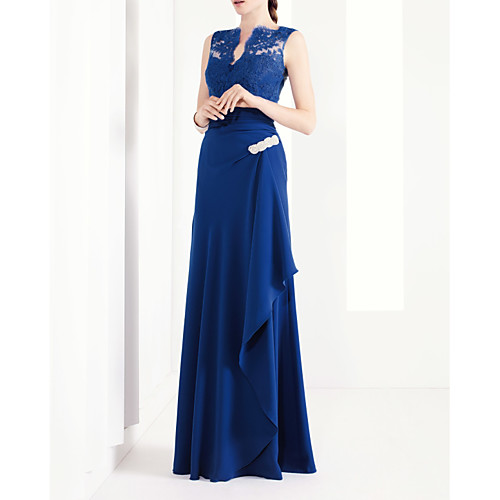 

A-Line V Neck Floor Length Chiffon / Lace Sleeveless Elegant Mother of the Bride Dress with Beading / Ruching Mother's Day 2020