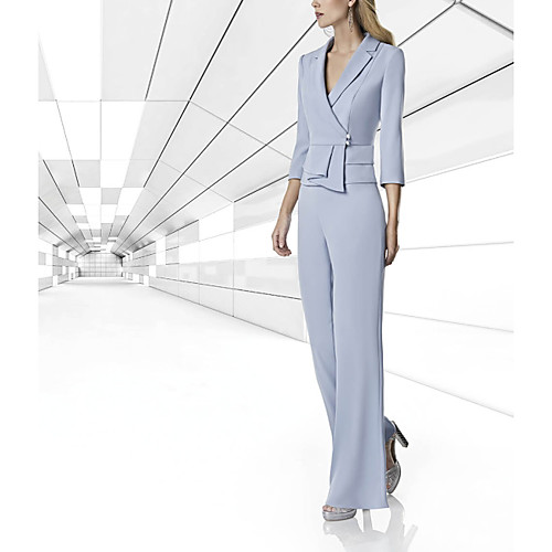 

Two Piece / Pantsuit / Jumpsuit V Neck Floor Length Satin 3/4 Length Sleeve Elegant Mother of the Bride Dress with Ruching Mother's Day 2020
