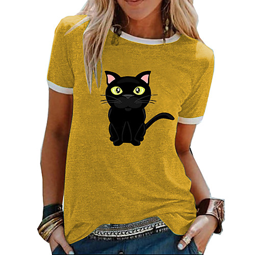 

Women's Animal Cat Blouse - Print Round Neck Daily Blue Yellow Green Gray S M L XL 2XL