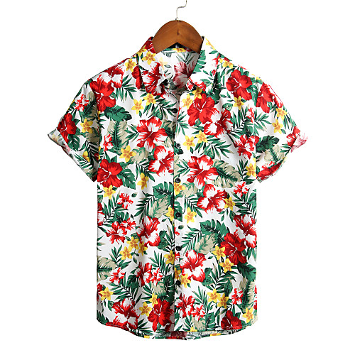 

Men's Floral Shirt - Cotton Tropical Hawaiian Holiday Beach Classic Collar White / Short Sleeve / Button Down Collar