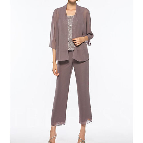 

Pantsuit / Jumpsuit Square Neck Ankle Length Chiffon / Lace 3/4 Length Sleeve Elegant Mother of the Bride Dress with Embroidery Mother's Day 2020