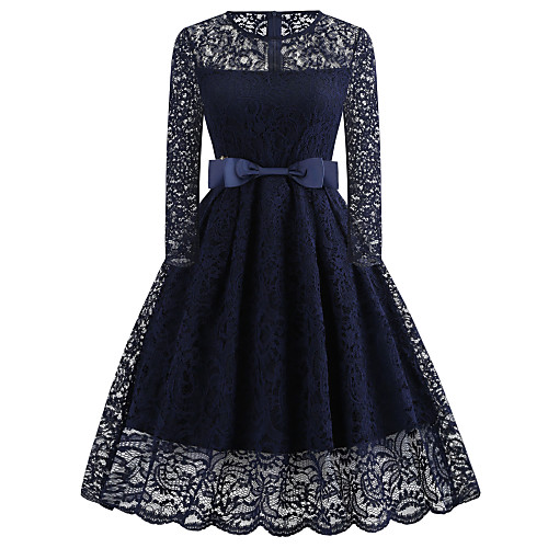 

Women's 2020 Navy Blue Spring Summer Dress Elegant Vintage Daily Weekend Sheath Lace Solid Color Lace Bow S M