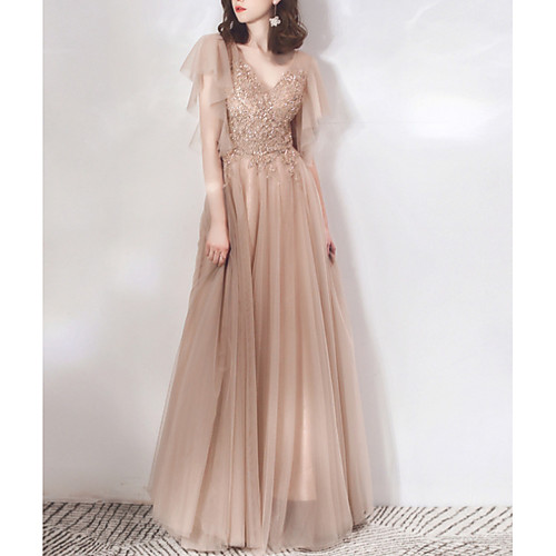 

A-Line V Neck Floor Length Chiffon Elegant / Glittering Prom / Formal Evening Dress with Sequin 2020