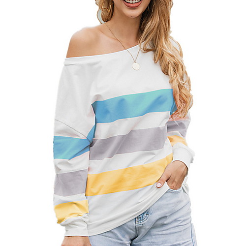 

Women's Striped Long Sleeve Pullover Sweater Jumper, One Shoulder Yellow / Blushing Pink / Blue S / M / L