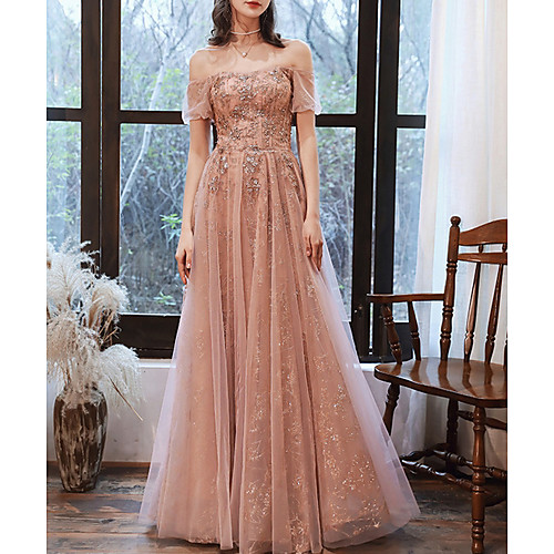 

A-Line Off Shoulder Floor Length Tulle Glittering / Pink Prom / Formal Evening Dress with Sequin 2020