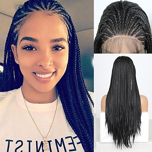 

Synthetic Lace Front Wig Box Braids Plaited with Baby Hair Lace Front Wig Long Black#1B Synthetic Hair 18 24 inch Women's Women Faux Locs Wig Braided Wig Black Pink