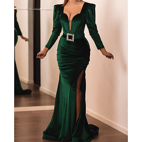 

Mermaid / Trumpet V Neck Sweep / Brush Train Velvet Elegant / Green Wedding Guest / Formal Evening Dress with Sash / Ribbon / Ruched / Split 2020