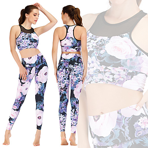 

Women's 2pcs Tracksuit Yoga Suit Patchwork Floral Print Purple Mesh Yoga Running Fitness Sports Bra Leggings Clothing Suit Sleeveless Sport Activewear Breathable Moisture Wicking Butt Lift Tummy