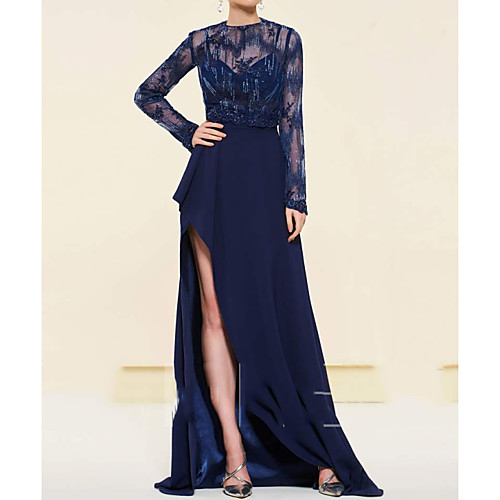 

Sheath / Column Illusion Neck Sweep / Brush Train Chiffon / Lace Long Sleeve Elegant / See Through Mother of the Bride Dress with Appliques / Split Front Mother's Day 2020